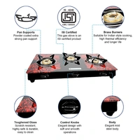 Milton Premium 3 Burner Red Glass Top Gas Stove, Manual Ignition LPG Stove - (ISI Certified, Door Step Service) - 72 x 42 x 12.5 Centimeters, Red